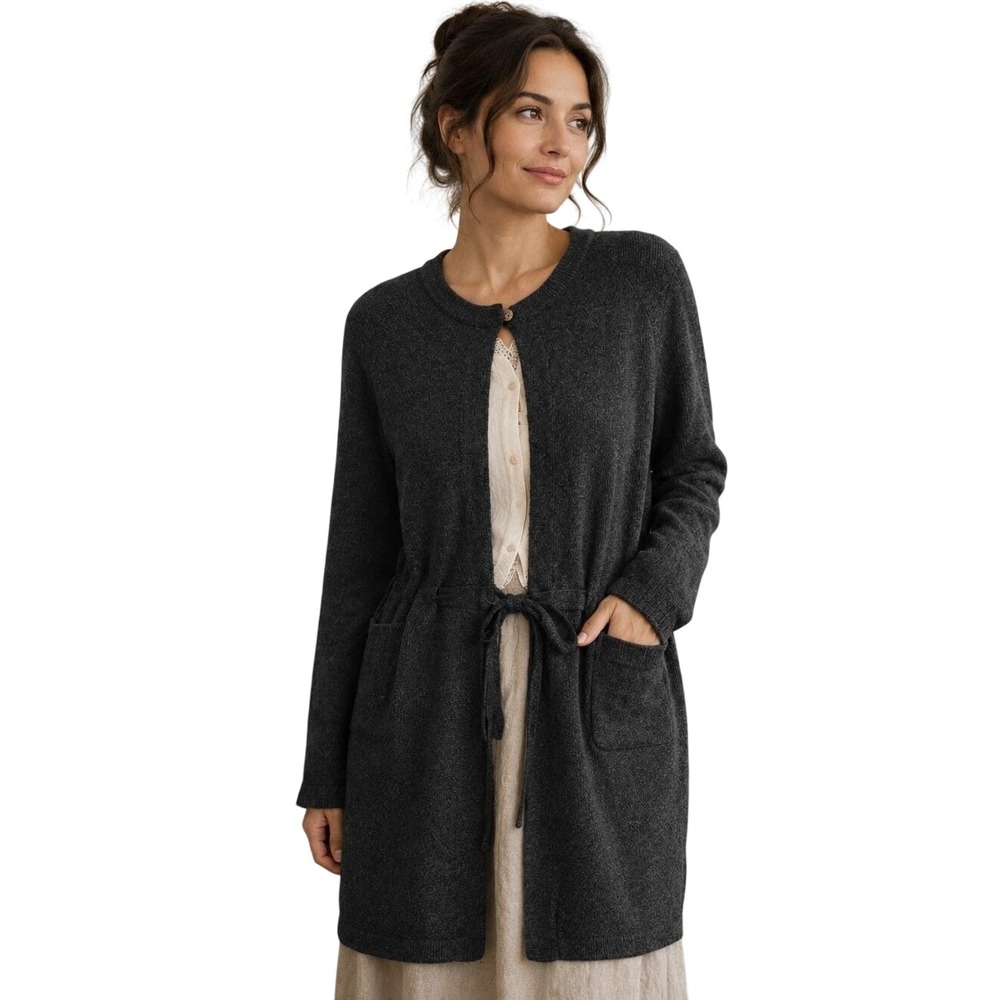 Vtg 90s Susan Bristol Merino Wool Gray Cardigan Sweater Belted Cozy Grandma M